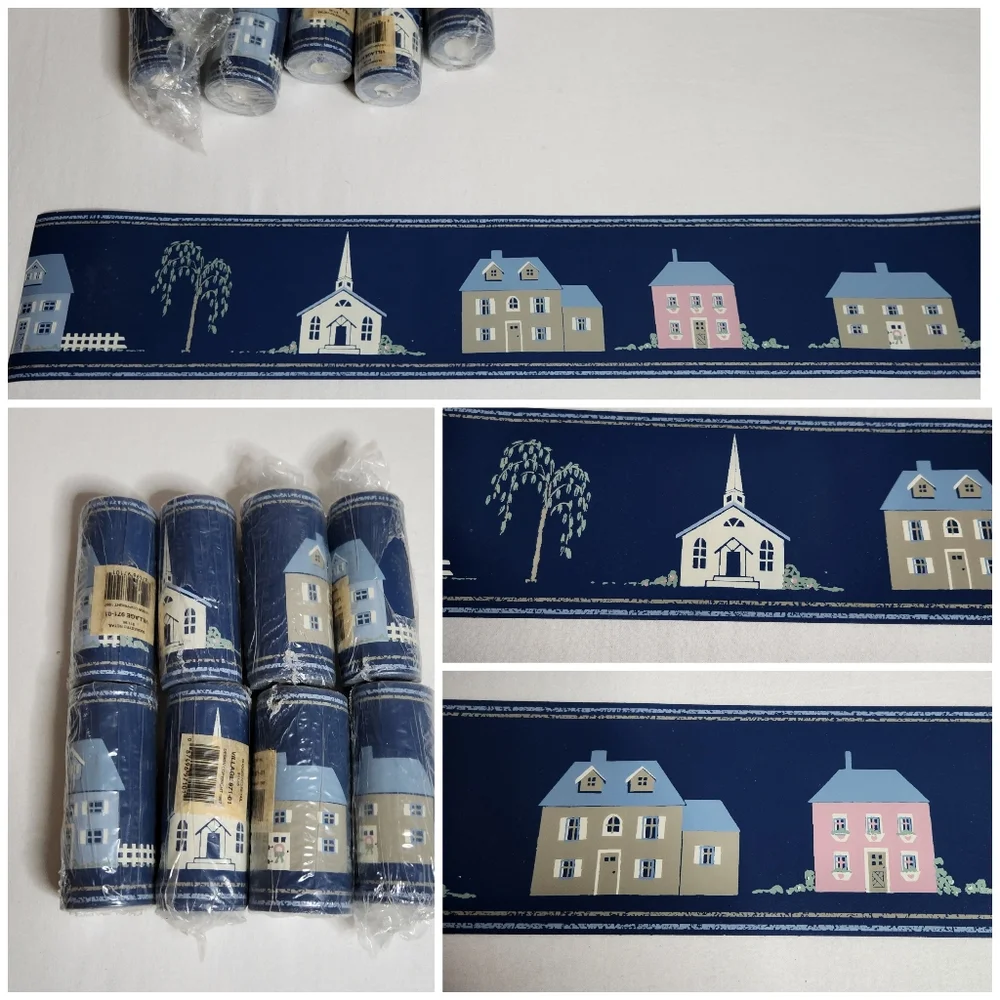 Vintage lot of 8 wallpaper border country cottage house houses church tree blue